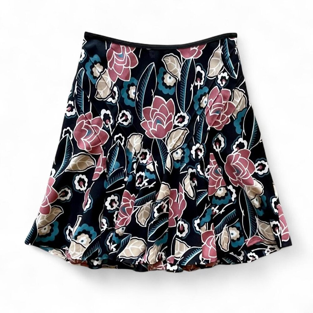 Vintage Y2K Ann Taylor LOFT Black Floral Print Flounce Skirt - Size 0P